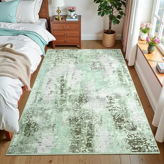 4x6 Green Washable Area Rug for Living Room Bedroom, Modern Abstract Non-Slip Rugs, Low Pile Soft Stain Resistant Carpet for Dining Room, Kitchen, Office, Dorm, Bedside Decor