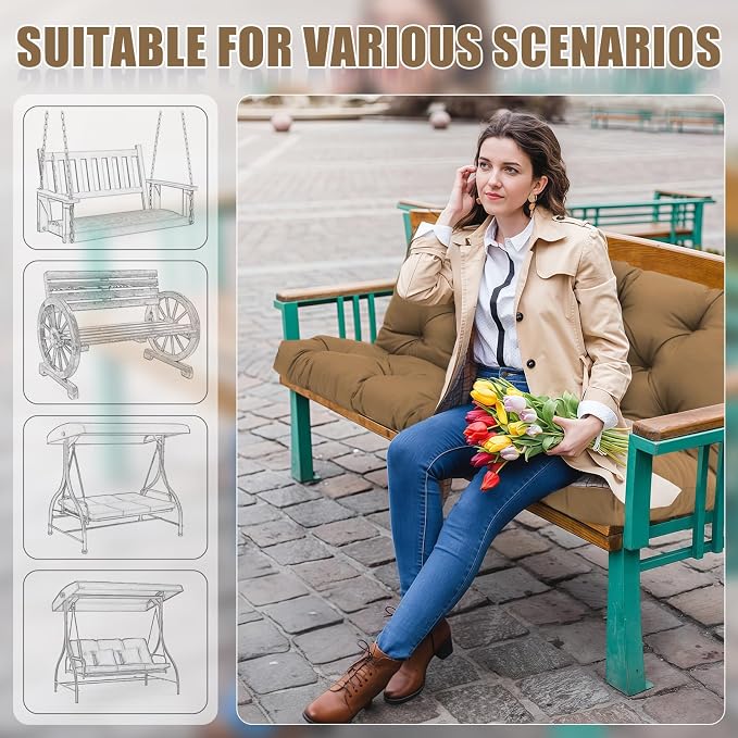 Porch Swing Cushions 3 Seater Replacement Thicken 5" Waterproof & Fade Resistant Swing Cushions for Outdoor Furniture Bench Patio Swing Cushion with Backrest & Ties(Coffee 55x40x5inch)