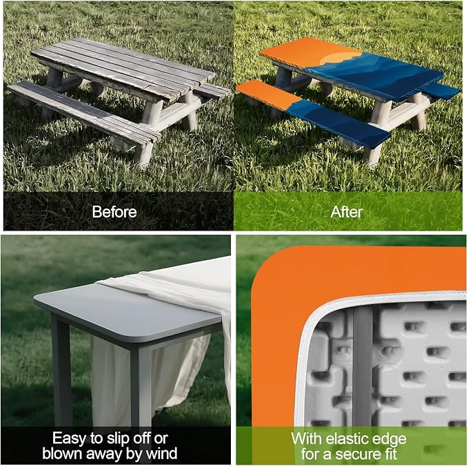 Picnic Table Cover with Bench Covers Set of 3 - Scenic Landscape Mountain Sunset Tablecloth, Elastic Fitted for 6 Ft Tables, Washable Polyester Cover for Camping, Indoor & Outdoor