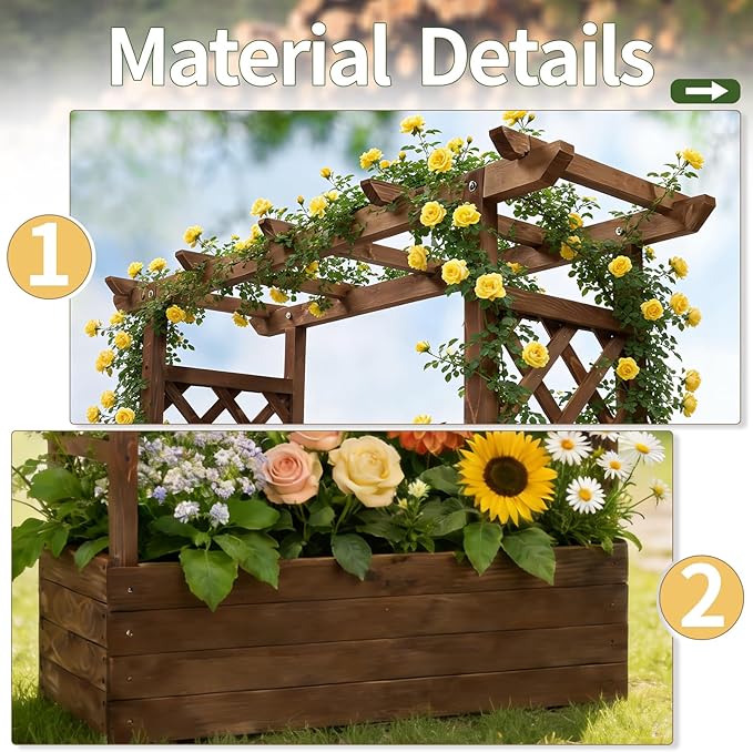 VINGLI Raised Garden Bed with Trellis & Hanging Roof, Wooden Elevated Planter Box with Drainage Holes for Outdoor Climbing Plants Vegetables Flowers, Patio Yard Balcony (Carbonized, Medium)