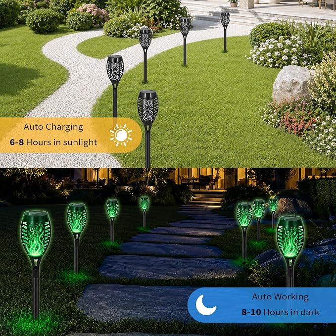 Solar Torch Flame Lights, Flickering Flame LED – Waterproof Solar Garden Lights for Patio, Yard, Pathway, Landscape & Backyard Décor (Green-8 Pack)