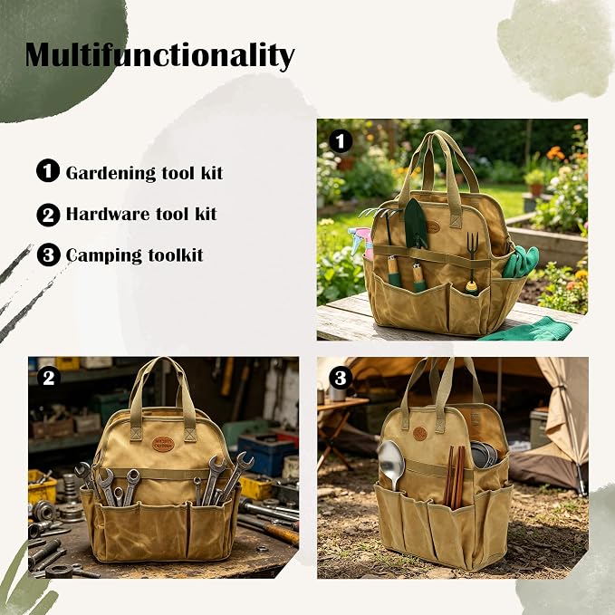 Waxed Canvas Utility Tote Bag, Large Capacity Multi-Pocket Garden Tool Bag, Heavy Duty Waterproof Work Tote for Camping, Gardening, Organizer Storage Bag for Men Women (Khaki)