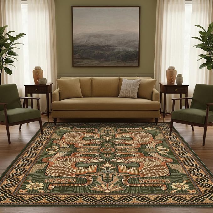 GarveeHome 4x6 Tiger Washable Rug Entryway Boho Bedroom Non Slip Vintage | Green Area Rug Low Pile Tribal Animal Carpet Stain Resistant Throw Rug for Kitchen Dorm Kidss Room Office Dining Room