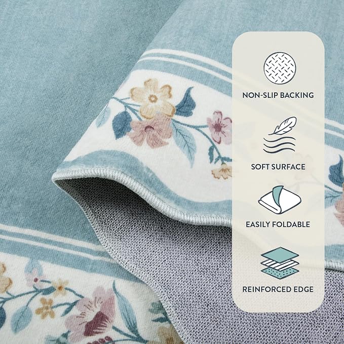 Lahome Floral Area Rug 5x7 for Living Room, Washable Blue Scalloped Rug | Soft Low Pile Large Rugs for Bedroom, Farmhouse, Dining Room, Kids, Ariele