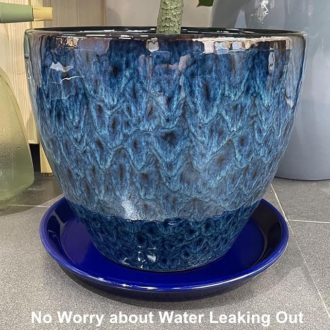 Plant Saucer for Outdoors - Ceramic Plant Saucer, 10 Inch Plant Trays for Indoors, Round Flower Pot Saucer, Large Plant Drainage Tray, Plant Plates to Catch Water Blue