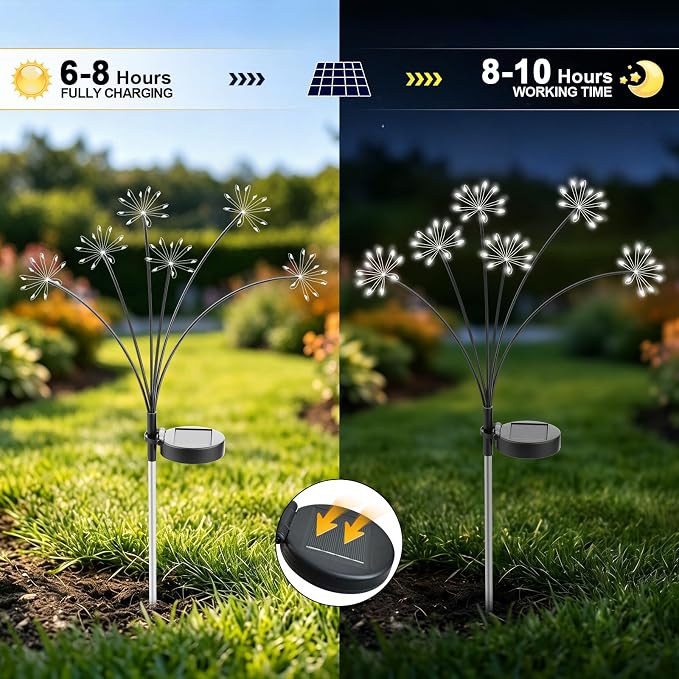 Solar Garden Lights Outdoor, Upgraded Solar Swaying Starburst Light Waterproof with 2 Modes, Solar Fairy Firework Lights for Yard Patio Pathway Flowerbed Balcony Garden Decoration (White, 4 Pack)