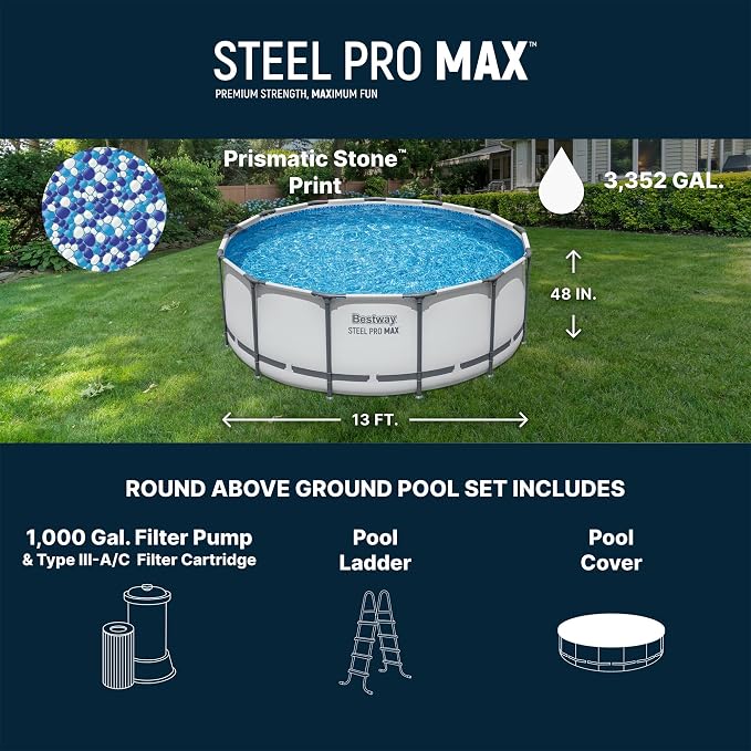 Bestway Steel Pro MAX 13' x 48" Above Ground Swimming Pool Set with Pump | Durable Round Metal Frame Outdoor Backyard Pool, Puncture-Resistant Liner - Ladder and Cover Included, Gray