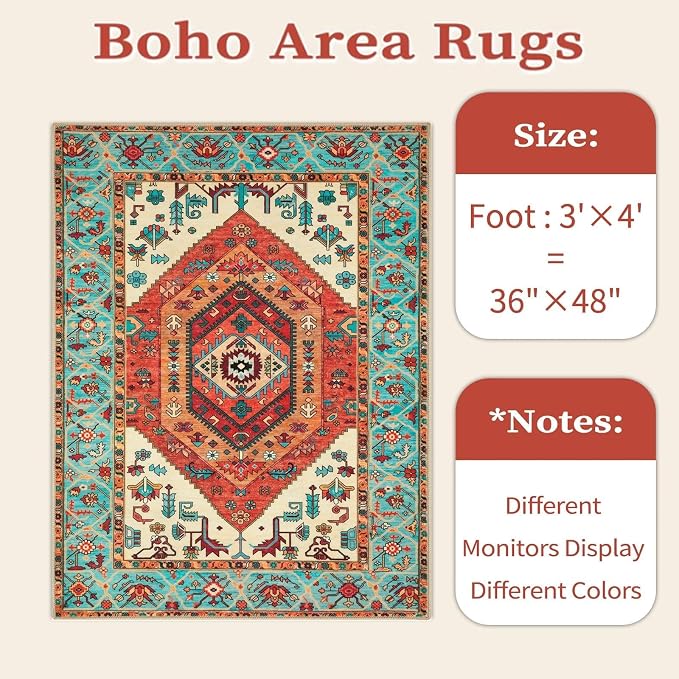 SERISSA 3x4 Washable Non Slip Boho Area Rug for Entryway，Orange | Ultra Soft Vintage Oriental Carpet Low-Pile Distressed Tribal Indoor Entrance Carpet for Kitchen Bedroom Living Room Dorm