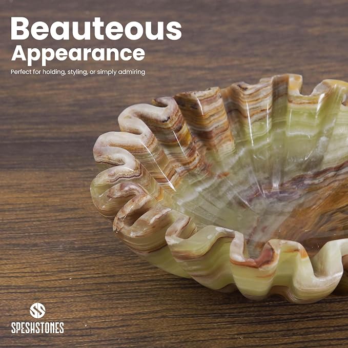 Marble Small Decorative Bowl 6 Inch Handmade Green Onyx Ruffle Bowl, Scalloped Bowls for Table Centerpieces & Gifts, Fluted Ring Dish, Fruit & Key Bowl for Entry Table