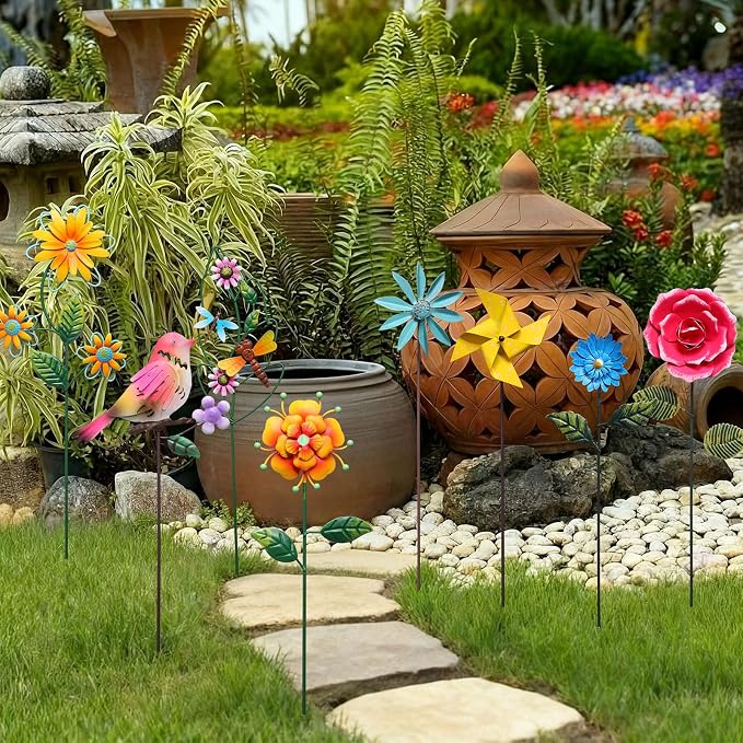 8 Pcs Metal Flower Yard Art for Outside Outdoor 14" 5d Summer Wildflowers Metal Sign Waterproof Garden Stakes Bird Dragonfly Windmill Landscape Decoration for Lawn Yard Garden Patio Porch