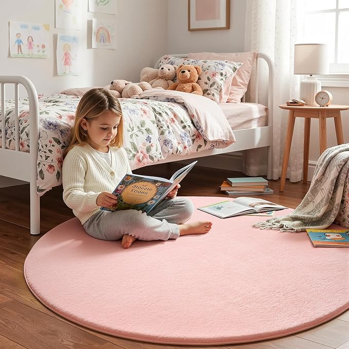 Amearea Pink Round Area Rug 4ft Washable Circle Rug for Bedroom Living Room | Fluffy Indoor Thickened Memory Foam Rugs, Non Slip Minimalist Circular Carpet for Kids Boys Girls Dorm Nursery Room Decor