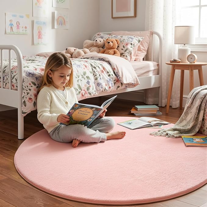 Amearea Pink Round Area Rug 5ft Washable Circle Rug for Bedroom Living Room | Fluffy Indoor Thickened Memory Foam Rugs, Non Slip Minimalist Circular Carpet for Kids Boys Girls Dorm Nursery Room Decor