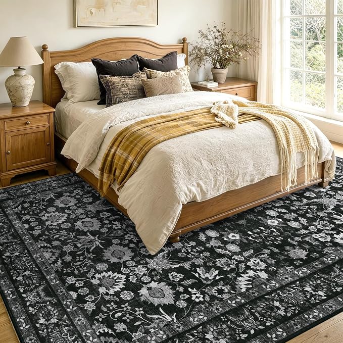 9x12 Ft Extra Large Area Rugs for Living Room, Soft Non-Slip Machine Washable Rug, Vintage Stain Resistant Carpets for Bedroom Nursery Dining Room Home Decor (Black)