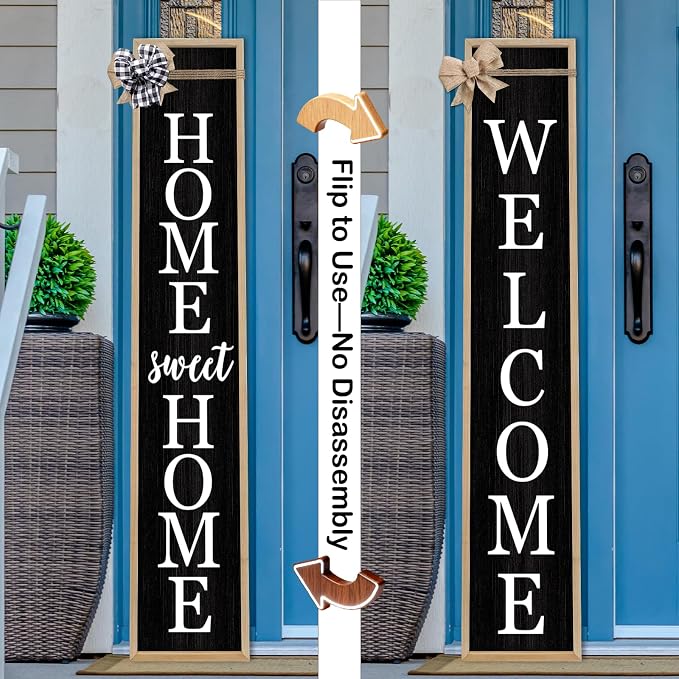 Outdoor 2in1 Welcome Sign for Front Door Home Sweet Home Sign for Farmhouse Tall Outdoor Front Porch Standing 2 Sided 45"X9" Large Vertical Leaner Rustic Outside Decor (Wood Black)