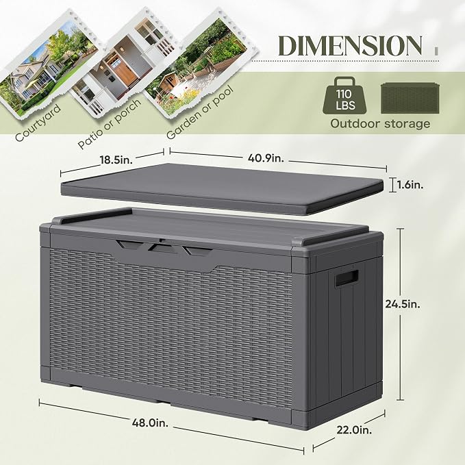 Greesum 100 Gallon Resin Deck Box Large Outdoor Storage with Cushions for Patio Furniture, Garden Tools, Pool Supplies, Weatherproof and UV Resistant, Lockable,Gray