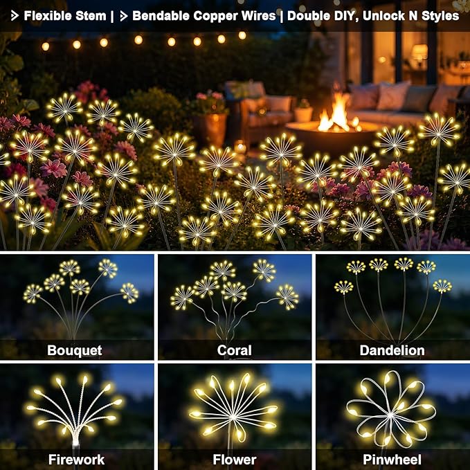 Solar Garden Lights Outdoor, Upgraded Solar Swaying Starburst Light Waterproof with 2 Modes, Solar Fairy Firework Lights for Yard Patio Pathway Flowerbed Balcony Garden Decoration (Warm White, 2 Pack)