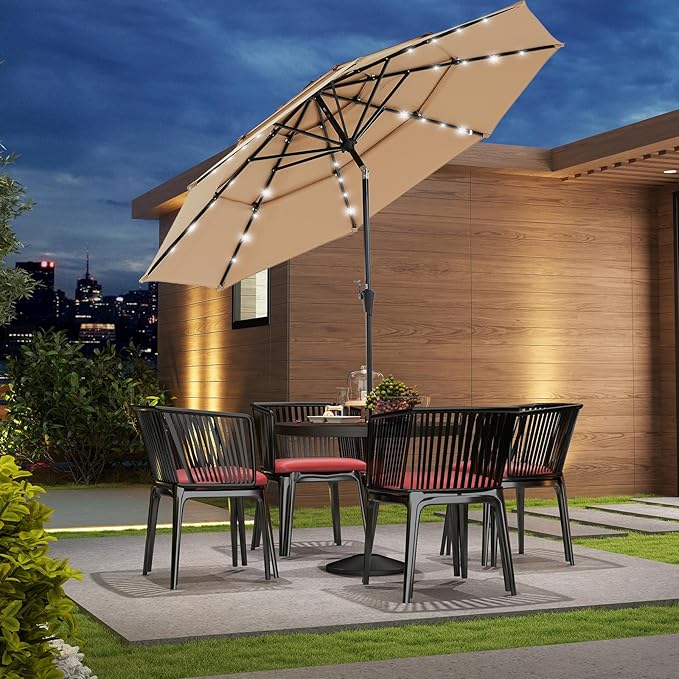 DUMOS Outdoor Solar Patio Umbrella 3 Tiers with 32 LED Lights, Beach Market Table Umbrella with Crank and 8 Sturdy Ribs for Pool, Terrace, Restaurant