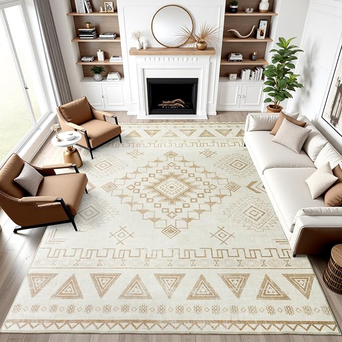 5x7 Western Rustic Aztec Area Rug for Living Room Bedroom Dining Room | 5x7 Southwestern Tribal Warm Beige Low Pile Faux Wool Rug, Machine Washable Non-Slip Carpet for Living Room Dining Bedroom