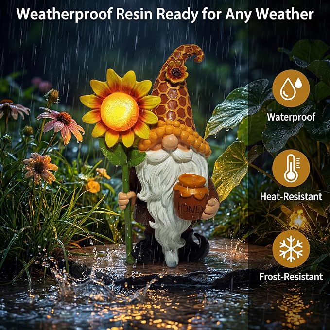 Lyeasw Solar Garden Gnomes Gifts - Garden Gnome Decor Outdoor - 8.3 Inch Honey Pot Funny Figurines for Birthday Anniversary Gardening, Unique Sunflower Decorations for Mom & Grandma Yard Patio