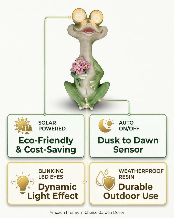 iStatue Solar Frog Garden Statue with Blinking Light-Up Eyes, Resin Outdoor Garden Decor Frog Holding Flowers, Waterproof Animal Figurine for Patio Lawn Yard Porch Balcony (Green)
