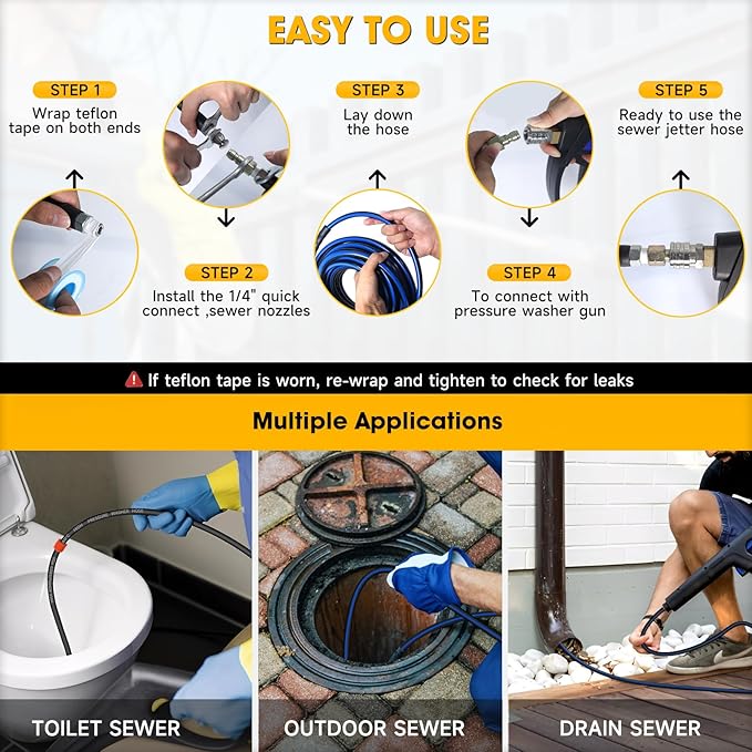 Sewer Jetter Kit for Pressure Washer 200FT, Drain Cleaner Hose 5800PSI 1/4 Inch NPT Corner with Sewer Cleaning Tool High Pressure Nozzle and Spanner Waterproof Tape