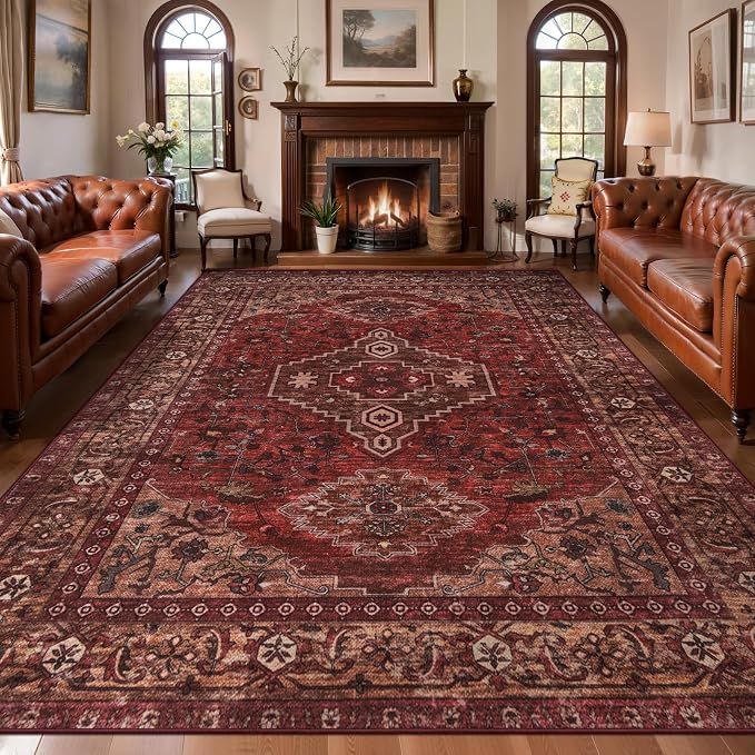 Tangsoo Red 8x10 Washable Area Rugs for Living Room, Non Slip Large Rug | Oriental Indoor Print Carpet, Boho Soft Low Pile Vintage Foldable Floor Rug for Bedroom Dining Room Dorm Dark Red Home Decor