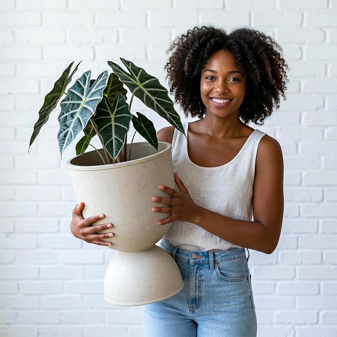 KOL Planters Flower Pots, Plastic Urn Planters for Indoor Outdoor Plants, Beige Pedestal Planter Pots 2 Pack, 18 Inch Tall Decorative Planters with Drainage Holes & Plugs for Front Porch Patio Garden