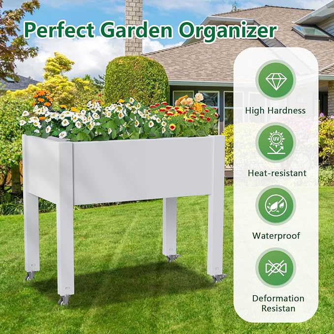 Vixzen Mobile Raised Garden Bed with Wheels, Self-Watering System,Outdoor Resin Planter Box for Vegetables, Flowers, Herbs on Patio, Balcony, Yard(Ashen, 30.04 * 17.72 * 28.9)
