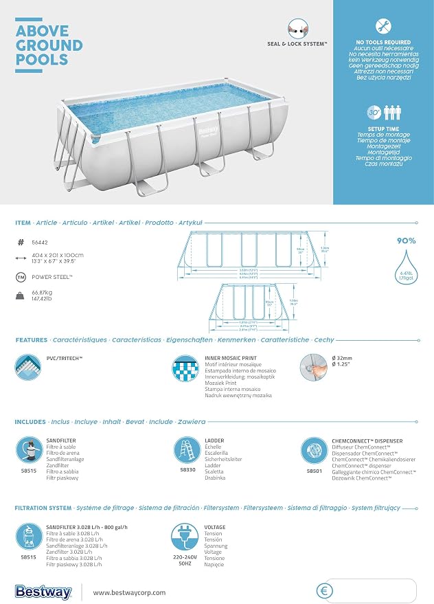 Bestway Power Steel Frame Pool-Set mit Sandfilteranlage 404 x 201 x 100 cm, lichtgrau, eckig