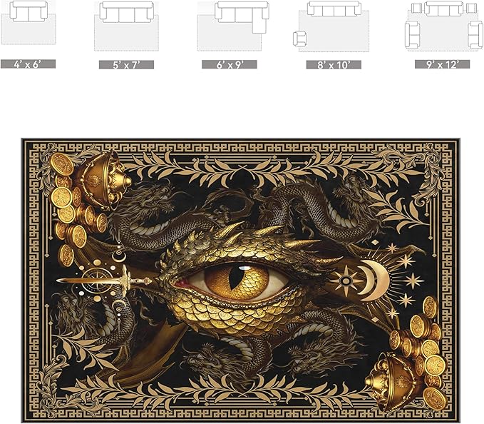 Dark Black Area Rug 8x10 -Dragon & Treasure Carpet with Fantasy Design, Luxurious Machine Washable Non-Slip Rug for Living Room, Bedroom.