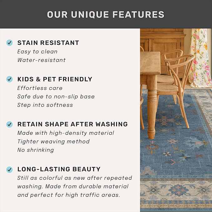 Boho 7x10 Accent Area Rugs for Living Room - Dusky Blue Rug for Bedroom Under Bed, Dining Room Under Kitchen Table, Washable Soft Non Slip Unique Colorful Indoor Décor