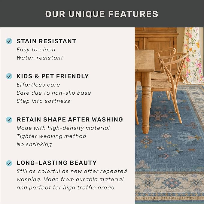 Boho 2x6 Non Slip Kitchen Rug Runner - Light Blue Washable Rug for Bathroom, Laundry Room, Hallway, Non Slip with Rubber Backing, Floral Eclectic Unique Runner Décor