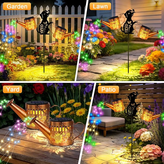2 Pack Solar Watering Can Lights, Metal Solar Lights Outdoor Decorative with Dog Silhouette Stake, Waterproof Hanging Lantern Garden Decor Light for Outside, Patio, Yard, Birthday Gifts, Multicolor