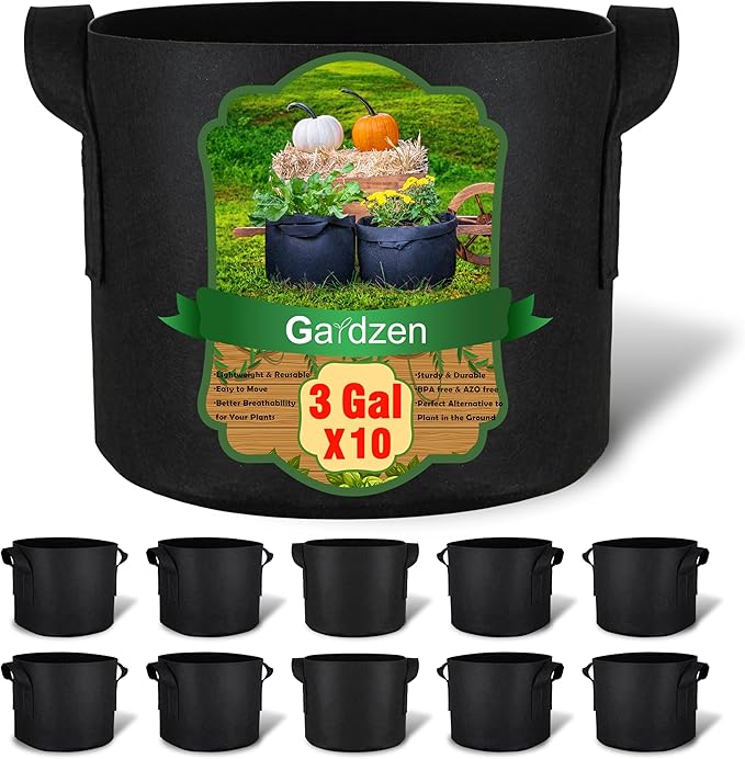 Gardzen 10-Pack 3 Gallon Grow Bags, 300G Thickened Fabric Grow Bags with Handles, Heavy Duty Aeration Plant Grow Bags for Outdoor & Indoor Use