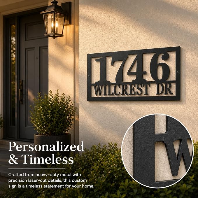 Custom Metal Address Sign Personalized House Number Plaque with Street Name for Outside Home Modern Black Address Numbers Sign for Front Porch Entryway Fence Gate Mailbox Wall Decor