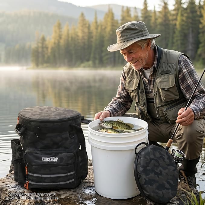 MDSTOP Fishing Bucket Backpack for 5 Gallon Bucket with Seat, Fishing Tackle Bag with Adjustable Buckle, Rod & Plier Holder and Multi-Pockets for Storage