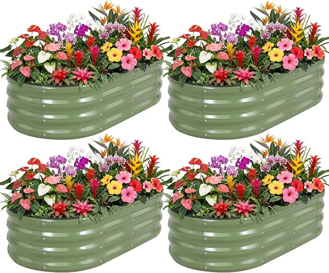Galvanized Raised Garden Bed- Planter Garden Boxes Outdoor, Raised Beds for Gardening, 4x2x1ft Metal Garden Bed Kit for Vegetables Flower, Planter Raised Bed with Protective Tape & Tools.Green-4pack