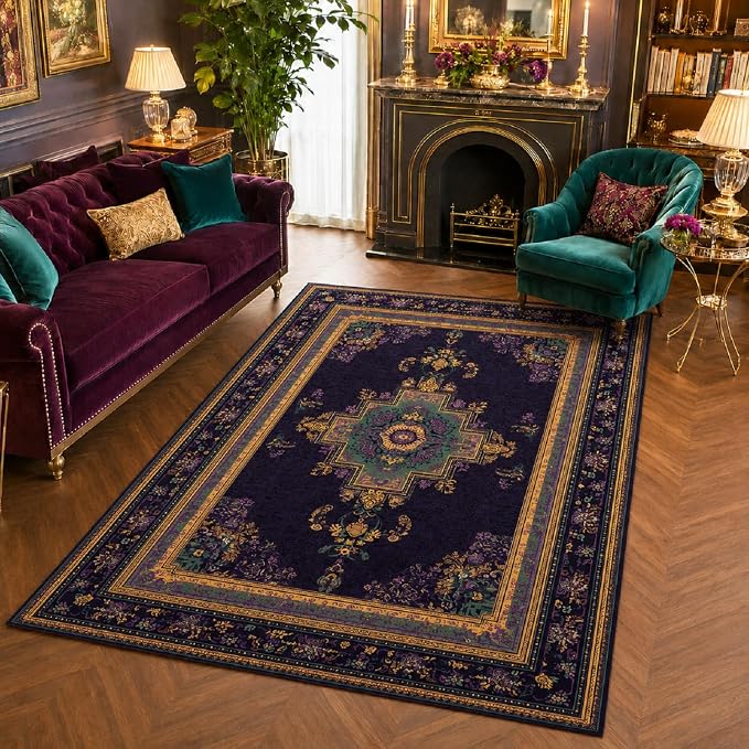 Vintage Boho Purple Area Rug 5x7 Violet Oriental Rugs Living Room Bedroom | Purple Gold Carpet, Soft Washable, Non-Slip Stain Resistant, Pet Friendly, Easy to Clean