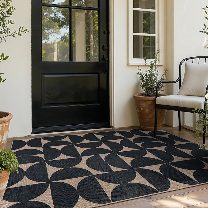 Lahome Semi Circle Front Porch Rug, Black 3x5 Easy Jute Outdoor Patio Rug | Farmhouse Neutral Washable Non Slip Non Shedding Door Mat for Entryway Layering Office