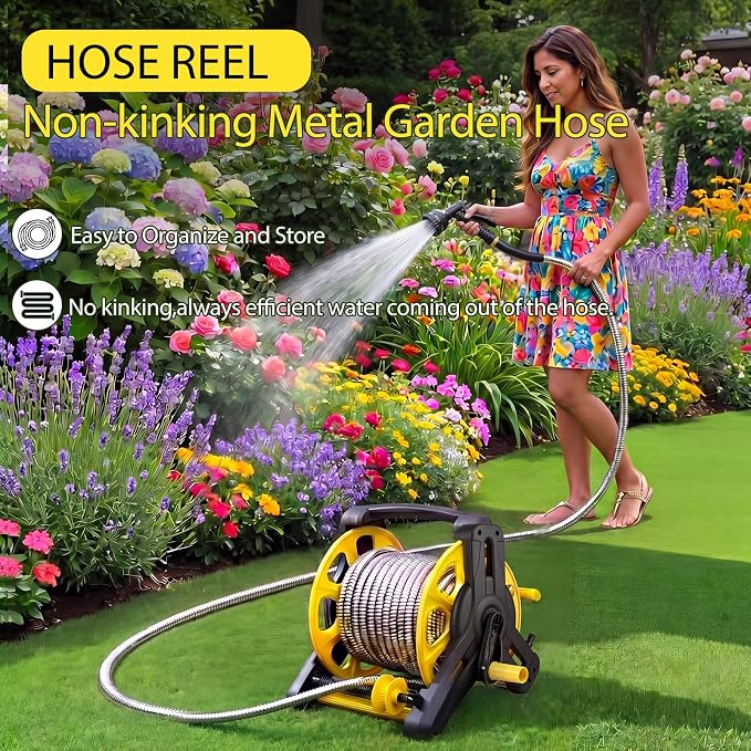 100ft Metal Garden Hose,Heavy Duty Stainless Steel Flexible Water Hose And Reel,10-Function Spray Nozzle Rust Proof for Yard,Outdoor,RV,Pet Bath