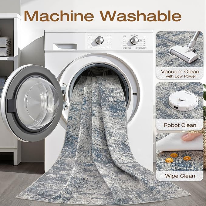 LOONGRUG 5x8 Area Rug Washable Neutral Modern Rug for Living Room Blue Gray | Abstract Soft Stain Resistant Indoor Floor Non-Slip Carpet for Bedroom Nursery Kids Office Playroom