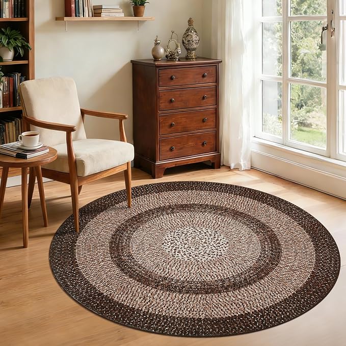 RUGSREAL Modern Bordered Round Area Rug 4ft Washable Bedroom Circle Rugs | Non Slip Stain Resistant Dining Room Round Throw Carpet Contemporary Circle Mats for Living Room Kitchen Nursery, Brown