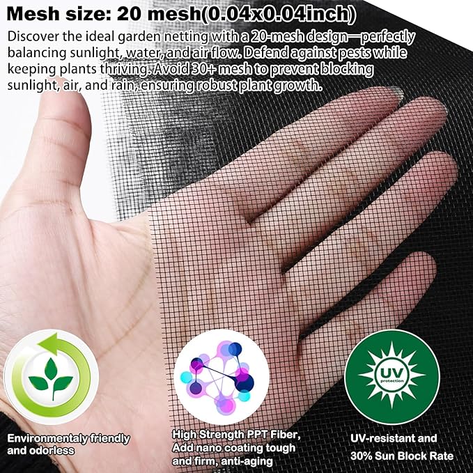 Garden Mesh Netting, 10’ x 20’ Extra-Thick Mosquito Netting for Patio, Nano-Composite Bird Netting for Vegetables Plants Fruits Flowers Patios Balconies, Shading Rate 30%, Black