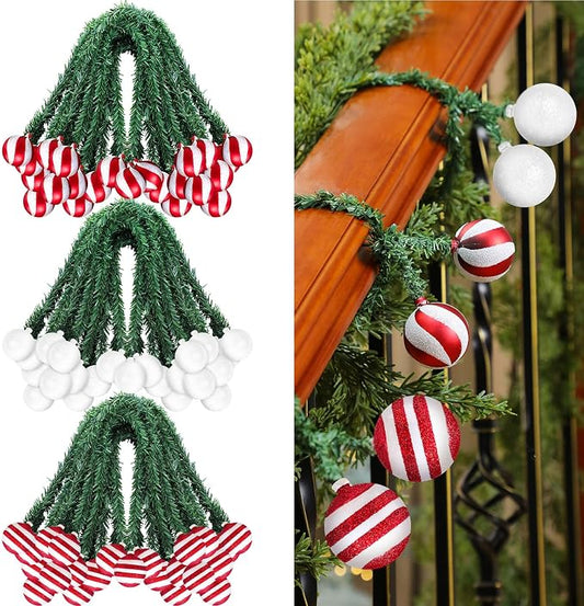 Dingion 30 Pcs 20 Inches Christmas Garland Ties with Balls Decorative Twist Ties for Banister Stairs Railing Reusable Flexible Twist for Home Xmas Holiday Decor Gift Craft Wrapping(Red White Stripe)