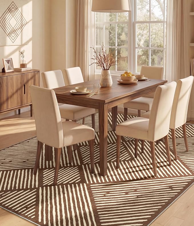 8‘x10' Washable Brown Stripe Modern Area Rug for Living Room | Soft, Non-Slip, Low Pile, Large Earth Tone Geometric Rug for Bedroom Dining Room