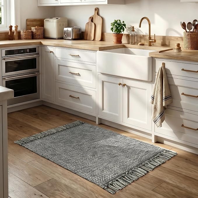 Modern Farmhouse Bathroom Rug, 2' x 3' Small Entryway Rugs | Hand Woven Washable Kitchen Rugs, Grey Low Profile Front Door Mat Reversible Braided Carpet for Porch Back Bedroom Decor