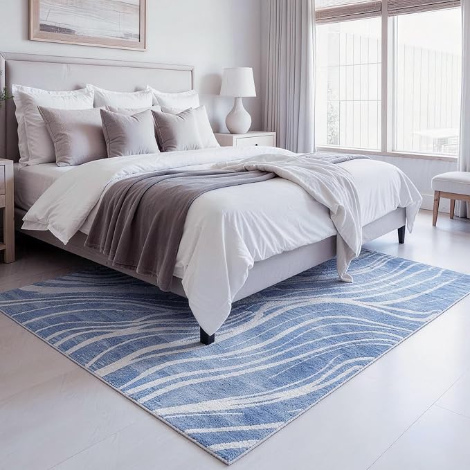 Washable Area Rug 5x7, Large Soft Rugs for Living Room Blue Waves Carpet 5x7 Area Rugs for Bedroom Dining Room Non-Slip Stain Resistant Under Table Rug