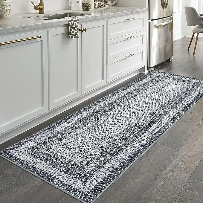 RUGSREAL Washable 2x10 Runner Rug for Hallway Kitchen Modern Runner Rugs | Long Runner Throw Carpet with Rubber Backing, Stain Resistant Braided Printed Entryway Carpet for Bedroom Living Room, Grey