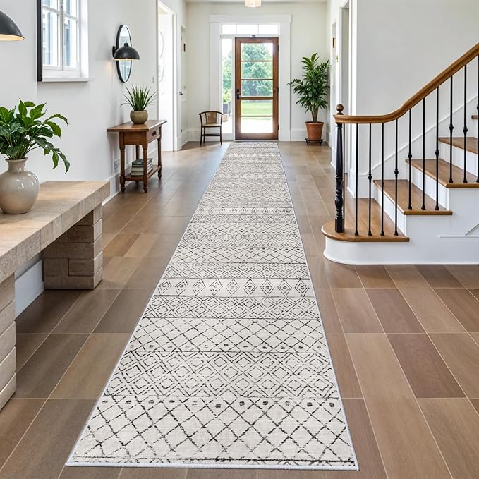3x20 Washable Extra Long Runner:Hallway Runner Rug Geometric Grey | Low Pile Runner Rugs with Rubber Backing Floor Mat Non Slip Moroccan Indoor Carpet for Kitchen Bedroom Entryway