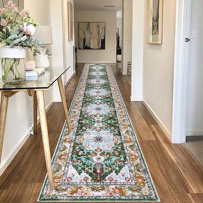U'Artlines 2'x14' Boho Hallway Runner Rug Non Slip Washable Runners,Green | Vintage Farmhouse Kitchen Rug Accent Area Carpet for Entryway, Dining Room and Living Room